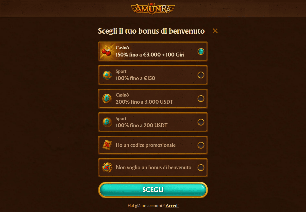 Amunra Casino - screenshot jackpot bonus 150% fino €3000 payout ultra-rapidi
