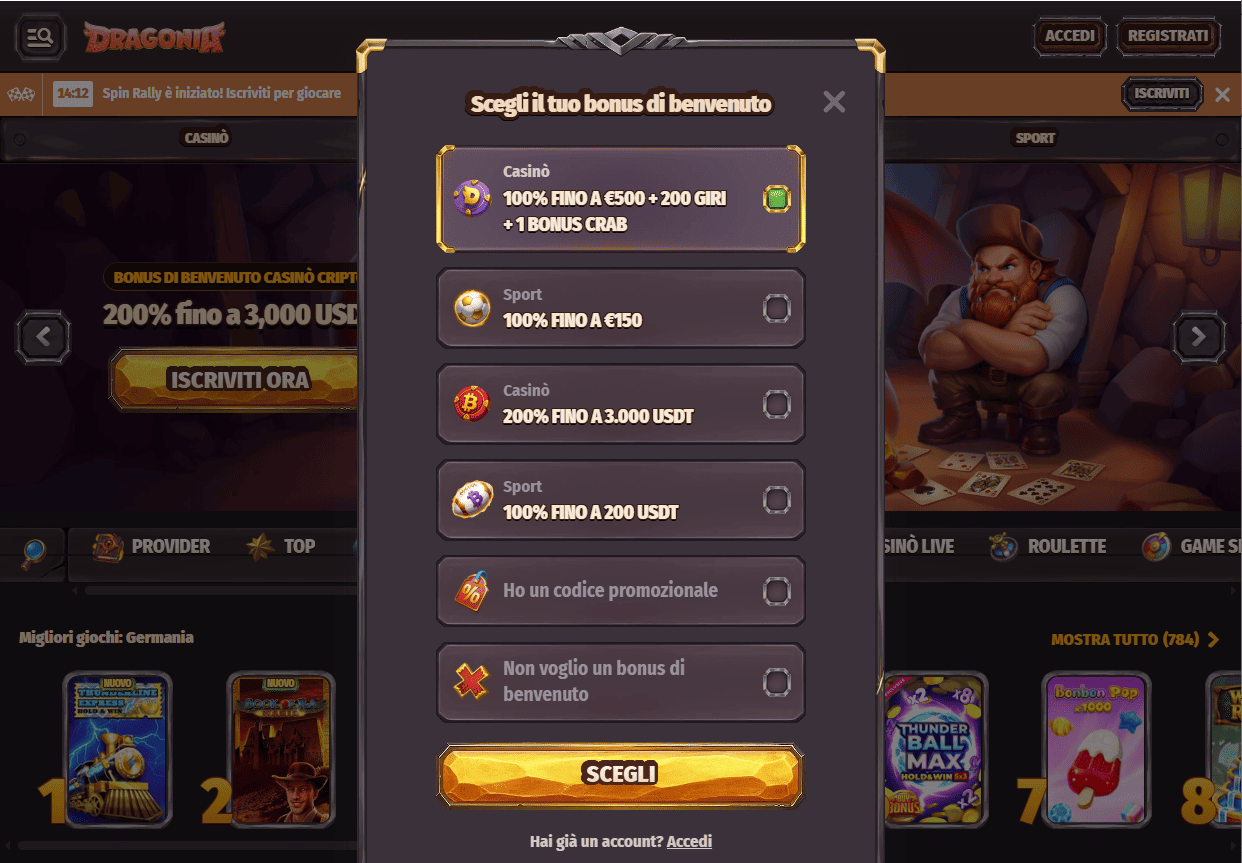 Dragonia Casino - screenshot interfaccia bonus casinò crypto 100% fino €500
