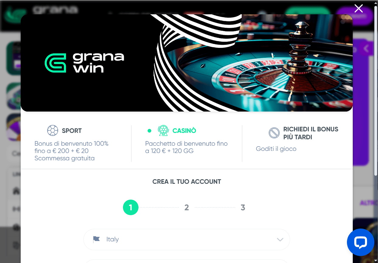 Granawin Casino - screenshot bonus 100% pagamenti VISA Skrill Neteller casinò italiano