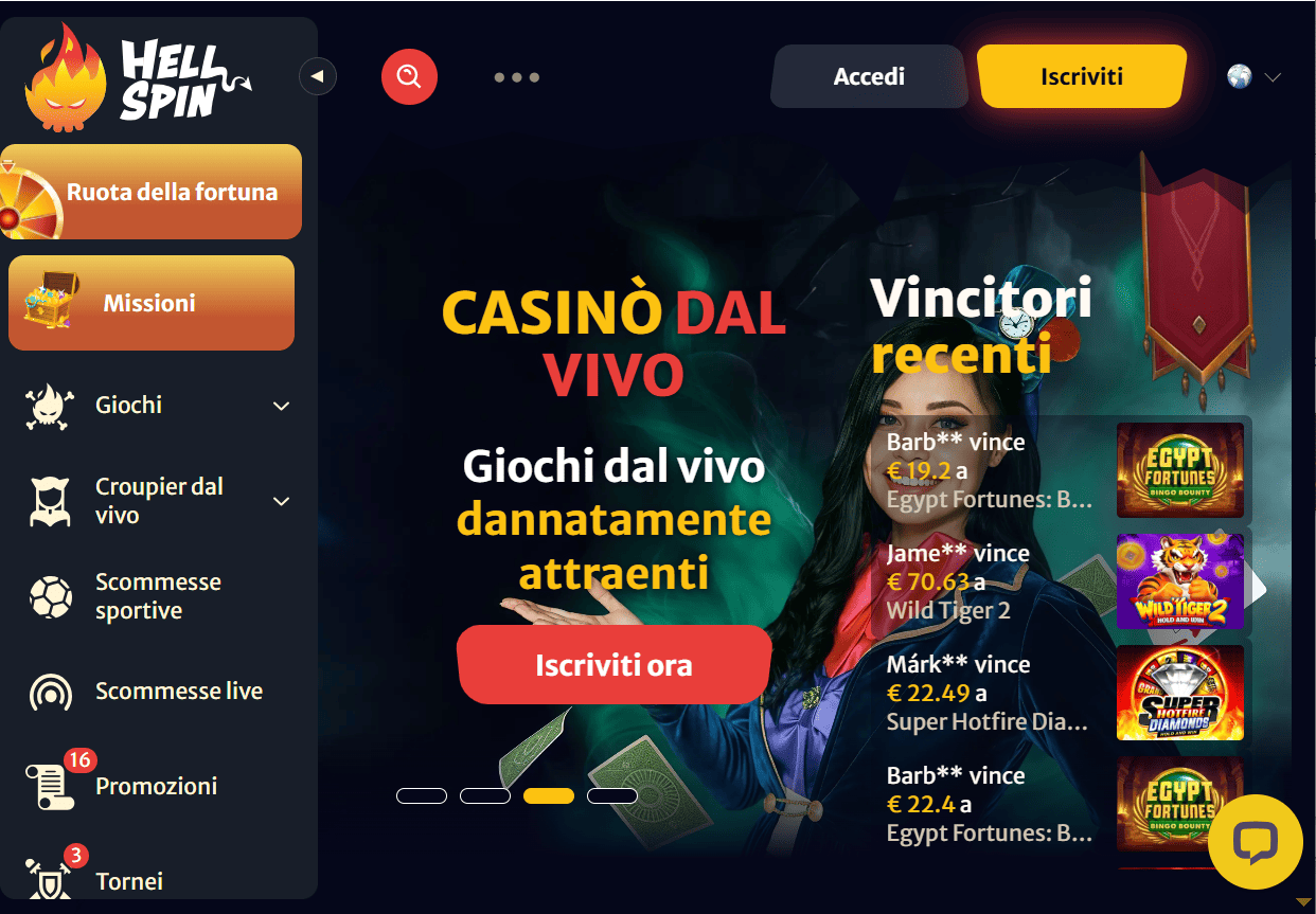 Hellspin Casino - screenshot libreria slot giochi live casinò crypto pagamenti veloci