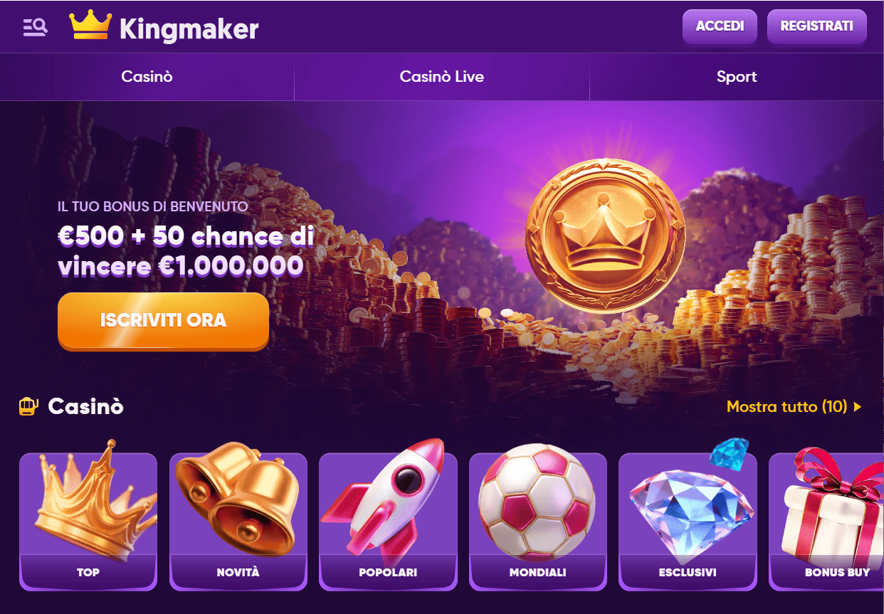 Kingmaker Casino - screenshot jackpot €1 milione bonus 100% casinò crypto