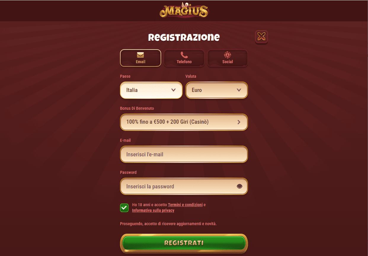 Magius Casino - screenshot offerta benvenuto 100% fino €500 free spin immediati