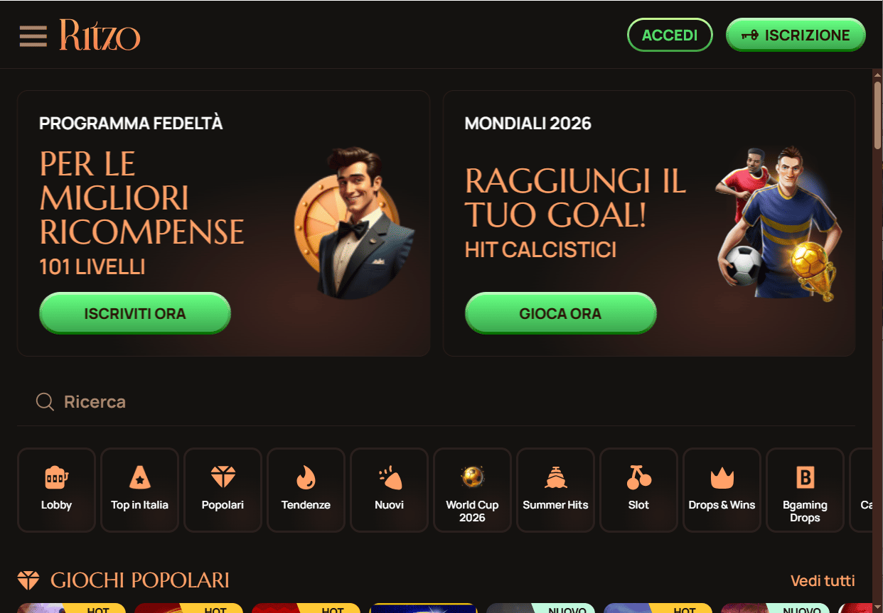 Ritzo Casino - screenshot 300 free spin senza wagering bonus 225% prelievo immediato