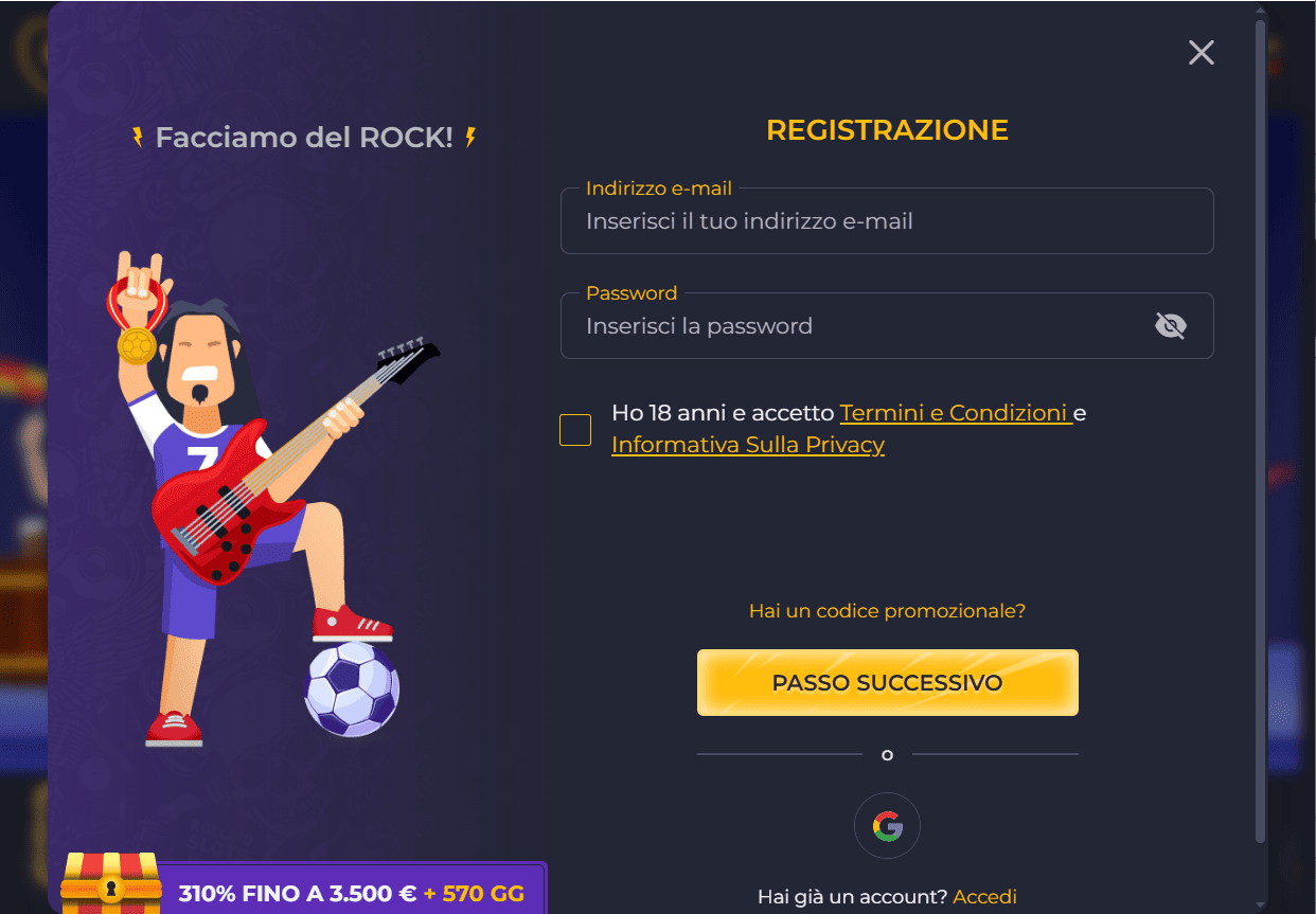 RollingSlot Casino - screenshot bonus 310% Pacchetto Olimpico giri gratis senza deposito