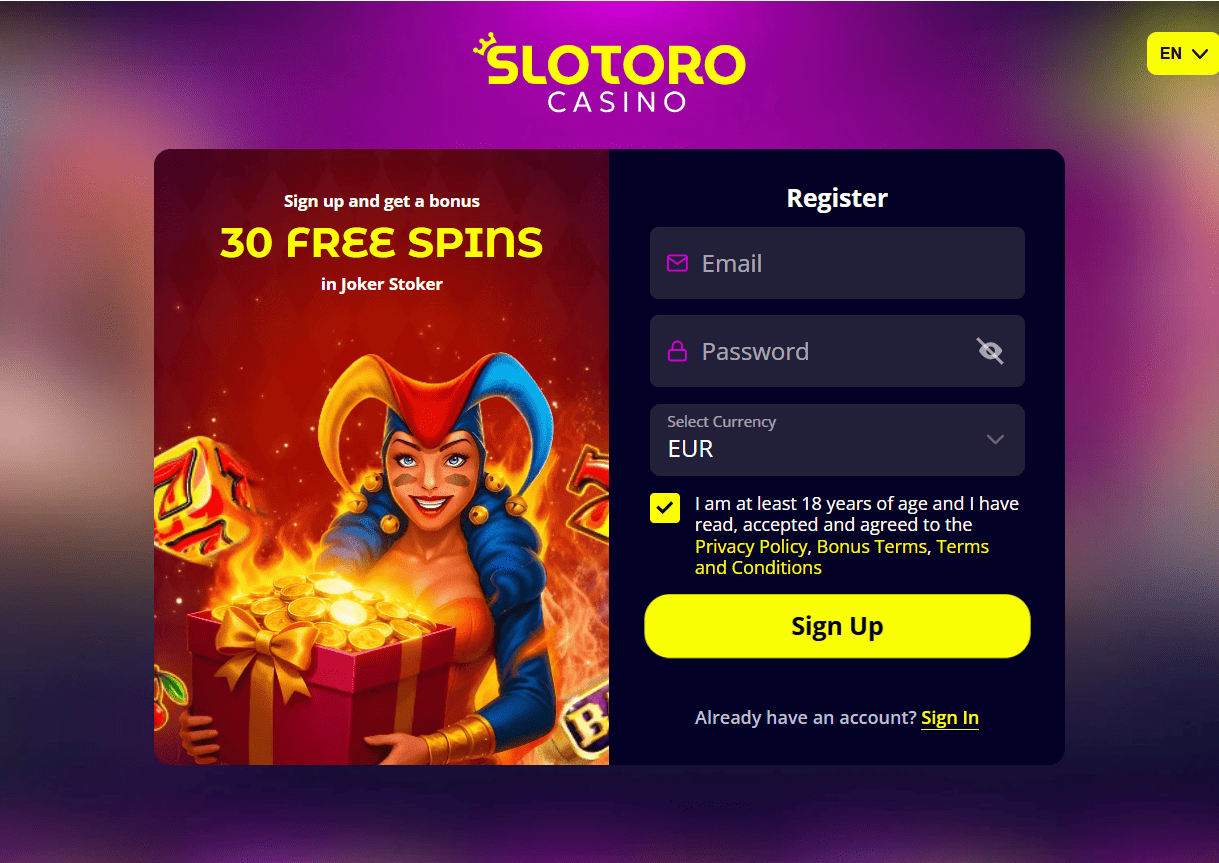 Slotoro Casino - screenshot bonus senza deposito wagering 5x Provably Fair crypto