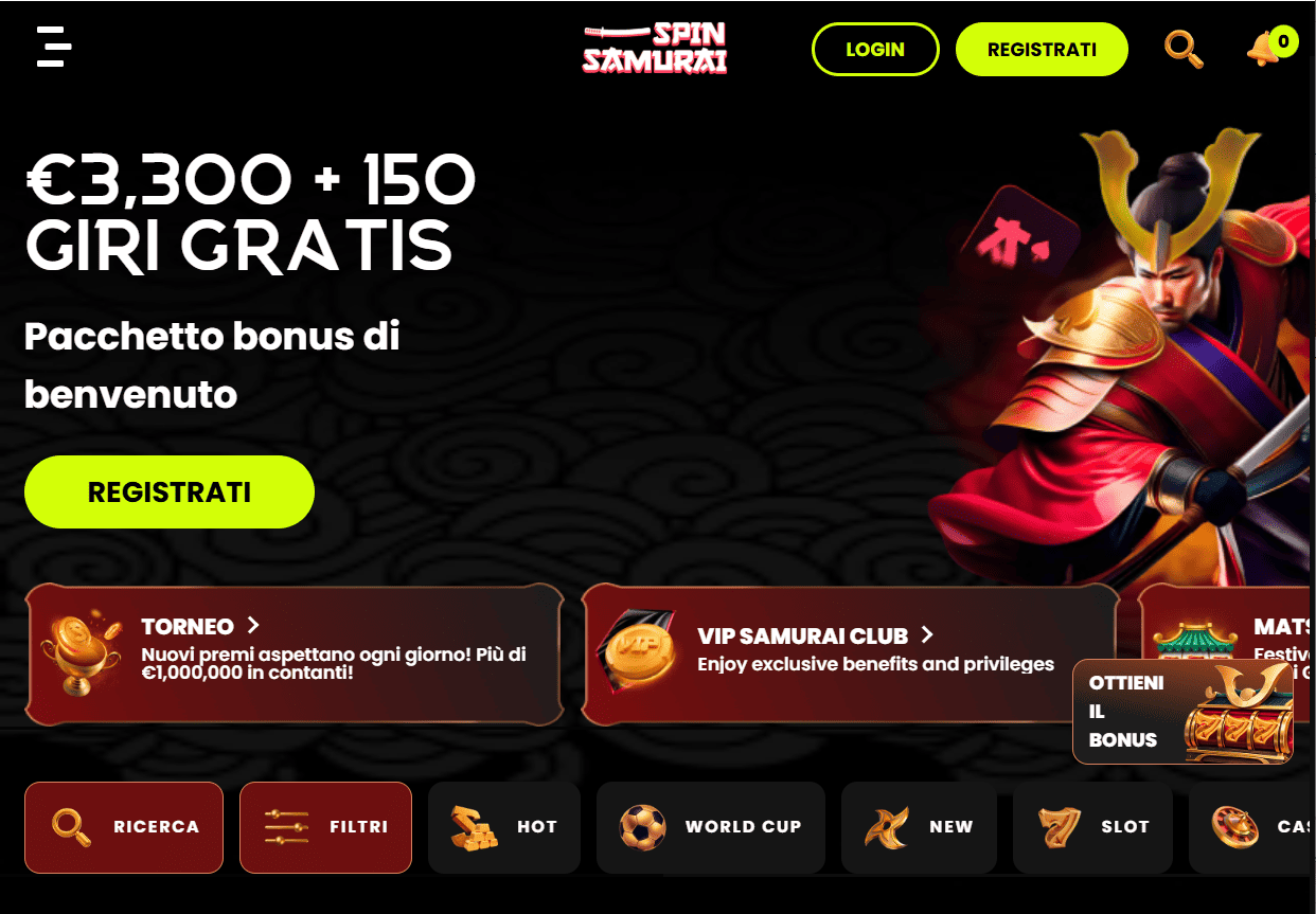 Spin Samurai Casino - screenshot interfaccia bonus 100% fino €650 free spin crypto