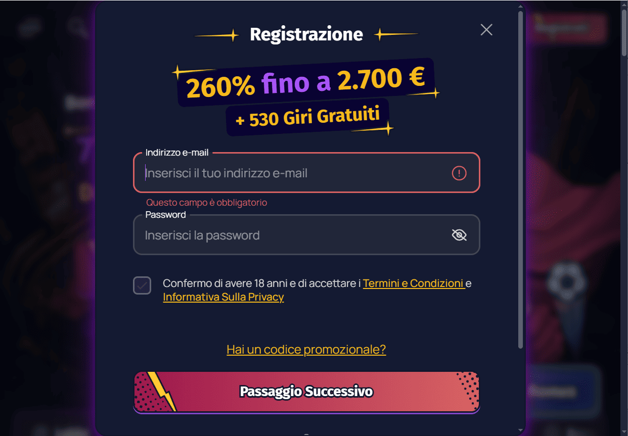 SpinLander Casino - screenshot pacchetto benvenuto 270% fino €2700 giri gratis