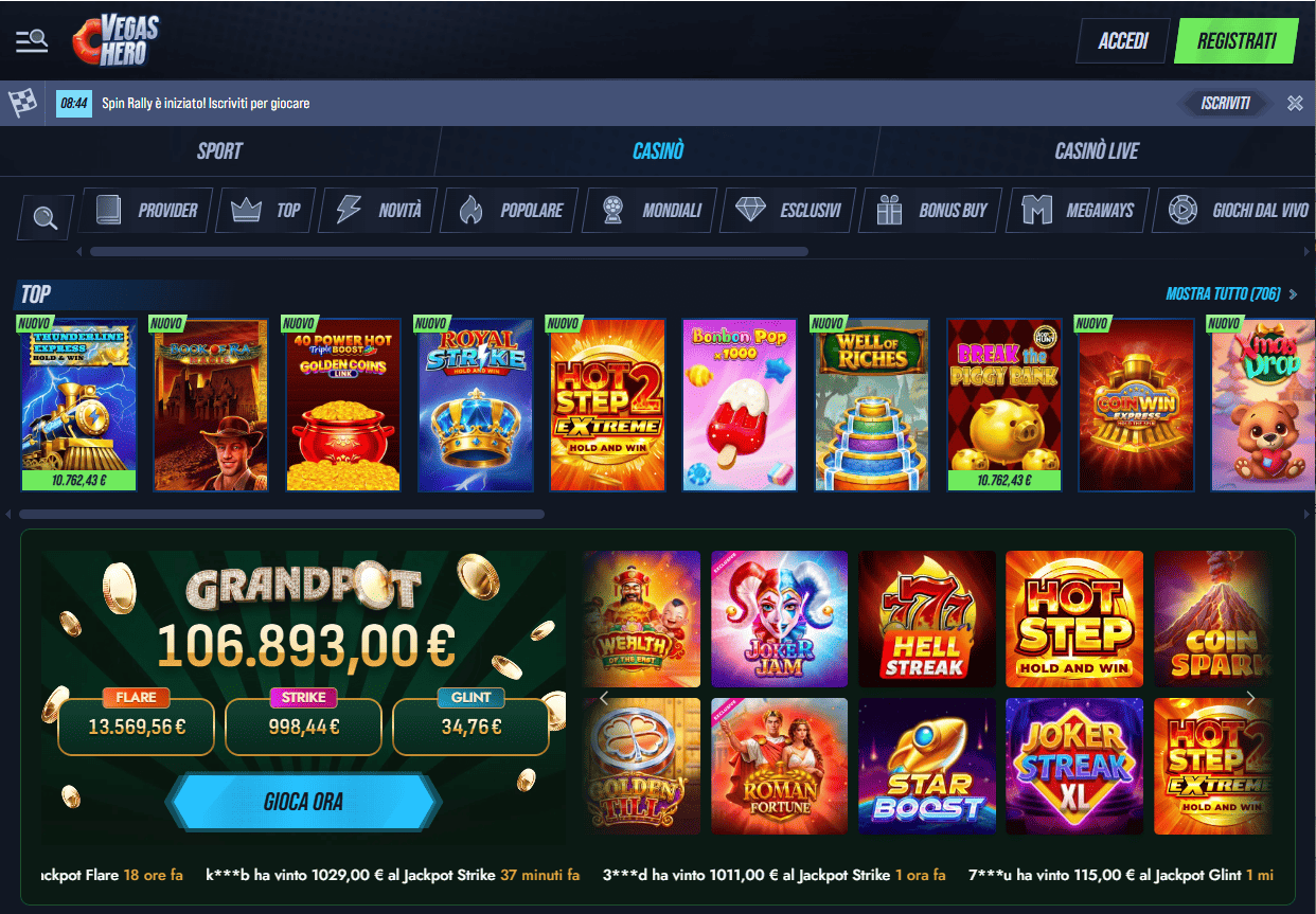 Vegas Hero Casino - screenshot scommesse live Champions League quote crypto casinò